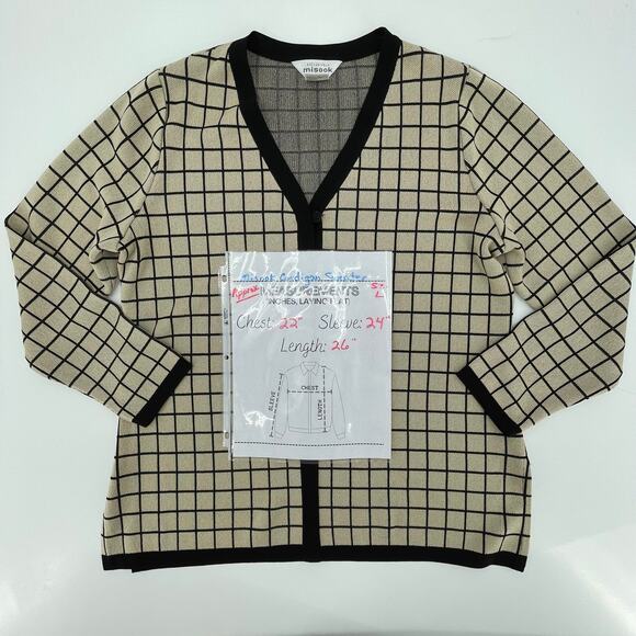 Misook Women's Cardigan Sweater, Sz. L Neutral Preppy Minimalist Windowpane - Picture 8 of 8